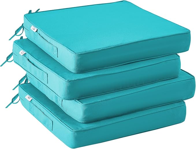 Outdoor Chair Cushions Set of 4,Waterproof Outdoor Seat Cushions for Patio Furniture,Patio Chair Cushion with Handle and Ties, Square Out Door Chair Pads,18.5" x 16" x 3", Teal