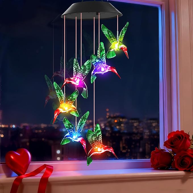 Valentines Day Gifts for Her Mom Grandma, Mother Birthday Gardening Hummingbird Gifts for Women, Winzwon Wind Chimes Solar Lights Outdoor Decor for Garden Patio Yard Porch