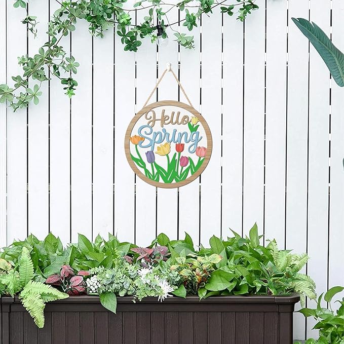 HOURIA 3D Bright Hello Spring Front Door Decor,11.4”Inches Colorful Tulip Flower Wood Hanging Sign for Wreath,Rustic Farmhouse Spring Floral Welcome Decorations for Indoor Outdoor Home Porch Office