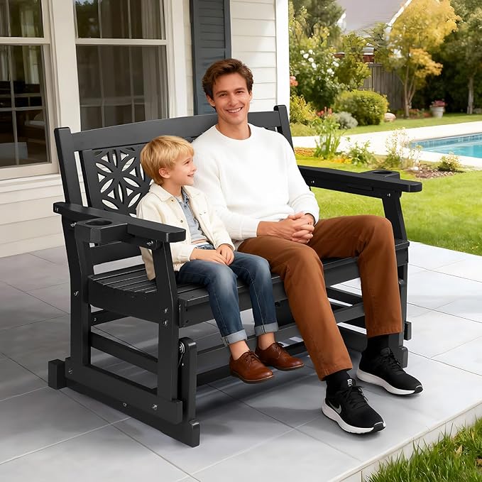 VINGLI Fir Wood Outdoor Glider with Floral Backrest, Wooden Patio Gliding Bench with Cup Holders, Smooth Rocking Chair for Garden, Yard & Porch (Black, 4FT)