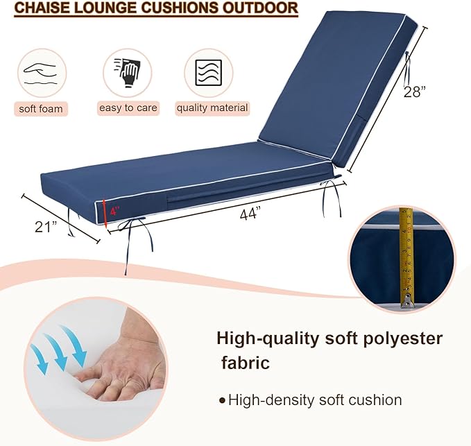 Outdoor Chaise Lounge Cushions, 4 Inch Thick Waterproof Fade Resistant Patio Furniture Lounger Chair Cushion Pad for Pool (1, Blue + White Side, 72'' L x 21'' W x 4" T)