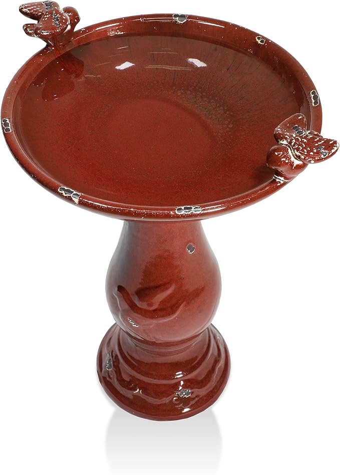 Alpine Corporation 25" Tall Outdoor Antique Ceramic Birdbath with 2 Bird Figurines - Vintage Style Garden Bird Bath Bowl for Patio, Yard, Lawn Decor, Red