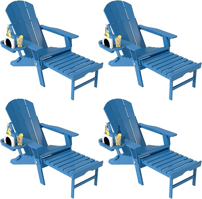 Adjustable Adirondack Chair with Retractable Ottoman Set of 4, HDPE Folding Adirondack Chair with Cup Holder, All Weather Fire Pit Chair for Outdoor.