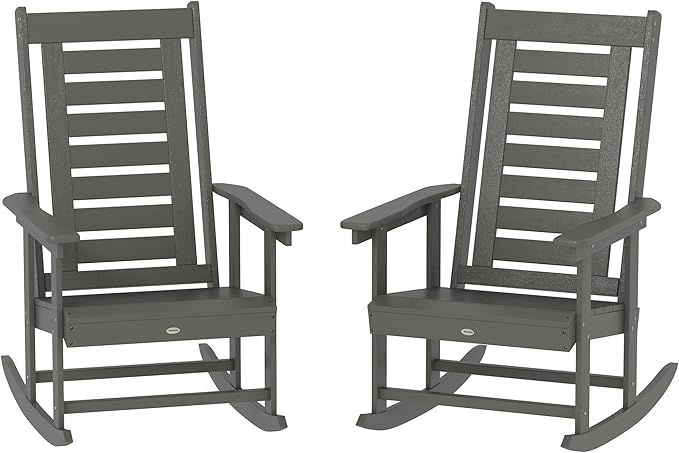 Outsunny Outdoor Rocking Chairs Set of 2, HDPE Patio Rocking Chairs with 28" High Back and Wide Armrests, All-Weather Slatted Porch Rockers for Garden, Balcony, Fire Pit, Dark Gray