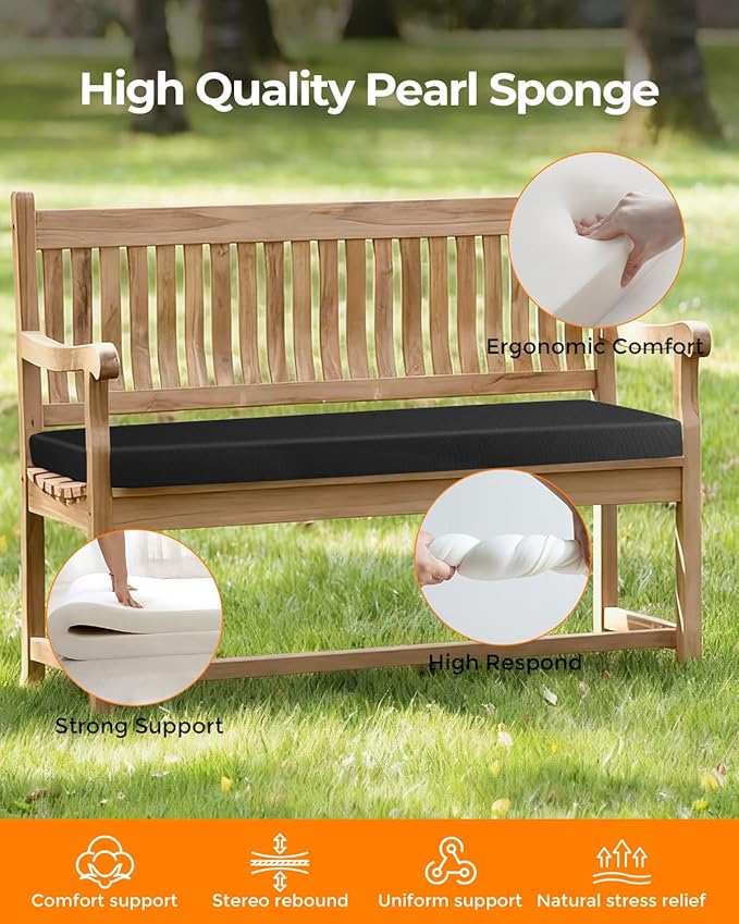 Outdoor Waterproof Bench Cushions 32x16x2 inches, Comfortable Cushion For Patio Porch Swing Garden Furniture Bench, High-Density Seat Cushion With Anti-Slip Bottom, Indoor Sofa Bay Window (Black)