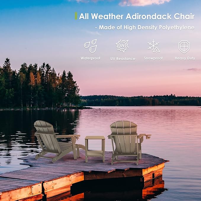 GREENVINES Folding-Adirondack-Chair | Wood Grain | HDPE Plastic | Fire Pit Chairs | All Weather | Cup Holder | Desert Brown | for Deck Backyard Patio Outdoor