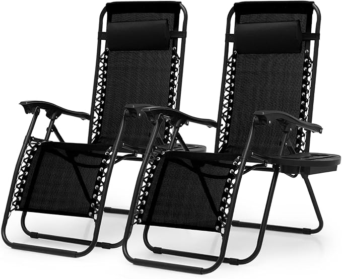 Zero Gravity Chairs, Portable Folding Reclining Lounge Chairs with Adjustable Pillow and Cup Holder Trays for Outdoor, Patio, Beach, Camping, Garden, Poolside, Set of 2 Black