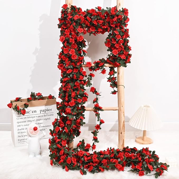 BLEUM CADE 2Pcs 16.4Ft Flower Garland Artificial Rose Vines for Bedroom, Cute Fake Hanging Flower Vines Floral Garland Decorations for Wedding Party Wall Room Decor Aesthetic
