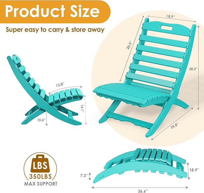IVY&LANE Portable Xavier-Chairs Set of 2 | Folding-Adirondack-Chair | Wave | HDPE Plastic | Aqua | All-Weather Resistant | for Outdoor Fire-Pit Patio Lawn Beach Poolside