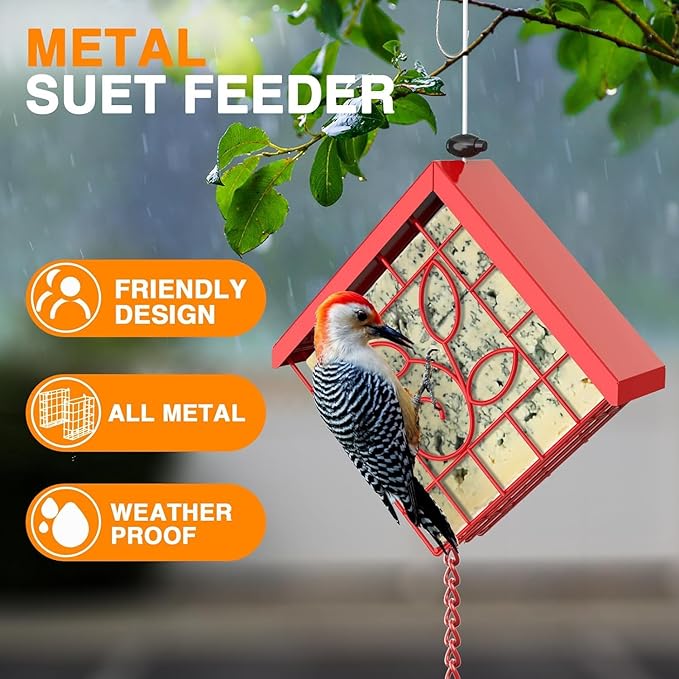Suet Bird Feeder, Metal Suet Feeder for Outside Hanging, Single Suet Cake Capacity, Fruit and Suet Feeder Style for Outside Hanging(Red)