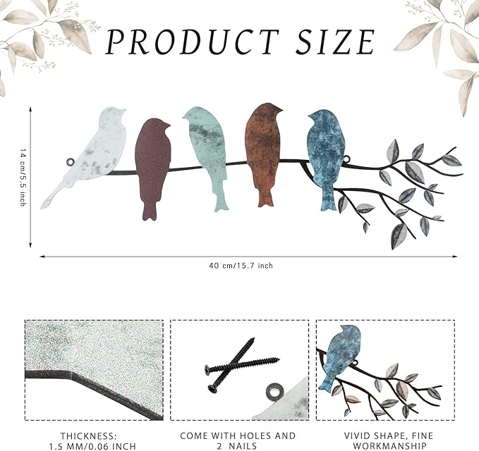 Ferraycle Metal Bird Wall Art - Birds on Branch with Leaves - Metal Sculpture Wall Hanging Sign for Balcony, Garden, Home Decor(Vivid Colors)