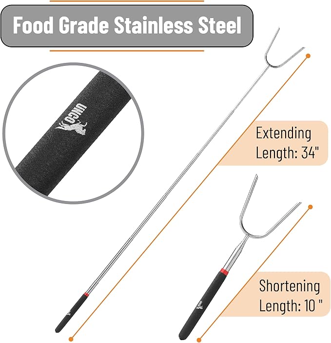 UNCO- Marshmallow Roasting Sticks, 4 pcs, 34", Extendable Stainless Steel Smores Sticks with Insulated Handles, Marshmallow Sticks for Fire Pit, Skewers for Smores, Hot Dog Sticks for Campfire