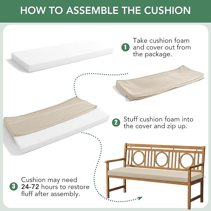 Outdoor Bench Cushion: Waterproof and Fade Resistant Patio Furniture Cushions - Non-Slip Bench Pad Cushion with Removable Cover for Garden Swing Porch Sofa Settee, 42 x 18 Inch, Beige