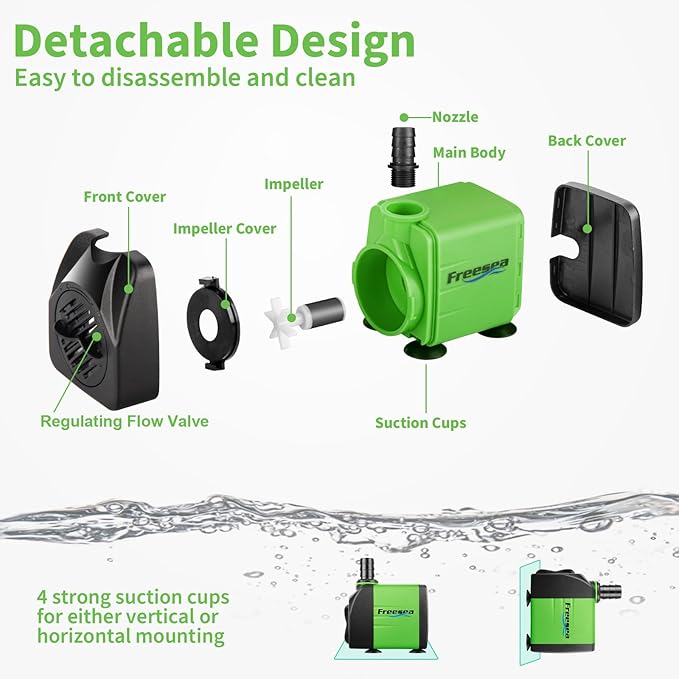 FREESEA Submersible Aquarium Fountain Pump: 400GPH 25W Adjustable Ultra Quiet Small Fish Tank Water Pump with 5ft Tubing for Outdoor | Pond | Hydroponic | Waterfall