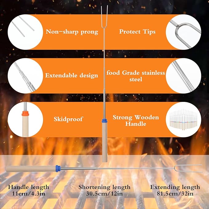 32 Inch Marshmallow Roasting Sticks Bulk, Smores Skewers for Fire Pit Kit, Hot Dog Camping Skewers Accessories Campfire Marshmellow Extendable Forks Bbq Tools Smores Sticks(20 Pack)