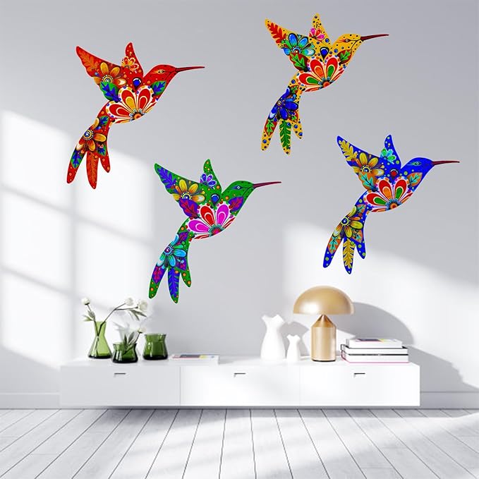 Outdoor Metal Wall Art Garden Decor for Outside Colorful Hummingbird Fence Art - (Set of 4,ColorF)