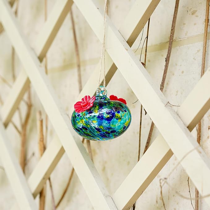 3.3OZ Glass Hummingbird Feeder with 2 Feeding Ports 3inch Blown Glass Hummingbird Feeder for Outdoors Hanging Garden Patio Decoration Uniques Gifts for Women