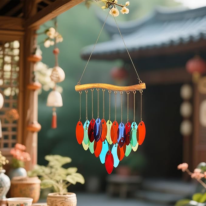 Color Leave Glass Wind Chimes for Outside, Fall Leaves Windcmes Outdoors Unique Suncatcher, Small Sea Glass Art Wind Chimes Outdoor Gifts for Women, Hanging Outdoor Garden Christmas Decoration Gift