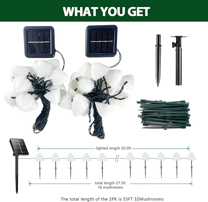 OZS 2PK 32LED 55FT Mushroom Solar Garden Lights Outdoor, Solar String Lights Waterproof with 8 Lighting Modes, Solar Garden Decor for Outside, Pathway Light for Yard Decoration (Warm White)