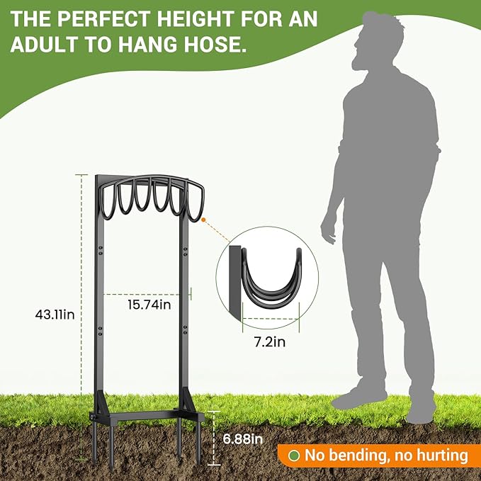 Freestanding Garden Hose Holder, Heavy Duty Water Hose Holder Stand with Stable 4-Spike Base, Fits 5/8" Hoses up to 150ft, No-Drill Yard Storage Alternative to Hose Reel
