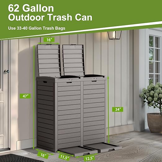 EFU 76 Gallon Outdoor Trash Can,Waterproof Resin Garbage Can with Tiered Lid & Drip Tray, Outside Trash Bin for Patio,Kitchen, Backyard & Deck, Gray