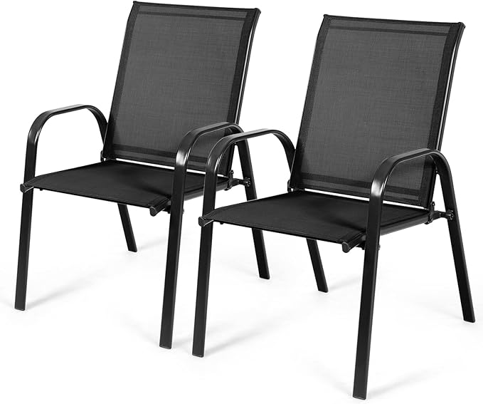 Tangkula 2 Piece Patio Dining Chairs, Outdoor Bistro Chairs W/Curved Armrests, Easy-to-Dry Fabric, Reinforced Steel Frame, Wide & Comfortable Camping Chairs for Garden, Poolside, Backyard (1, Black)