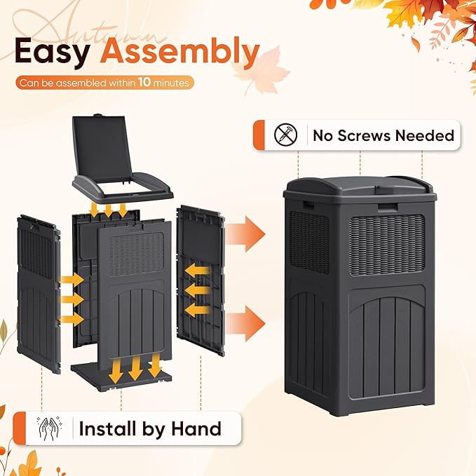 YESHOMY 33 Gallon Resin Outdoor Trash Can with Lid, Hideaway Waterproof Patio Garbage Bin, Gray