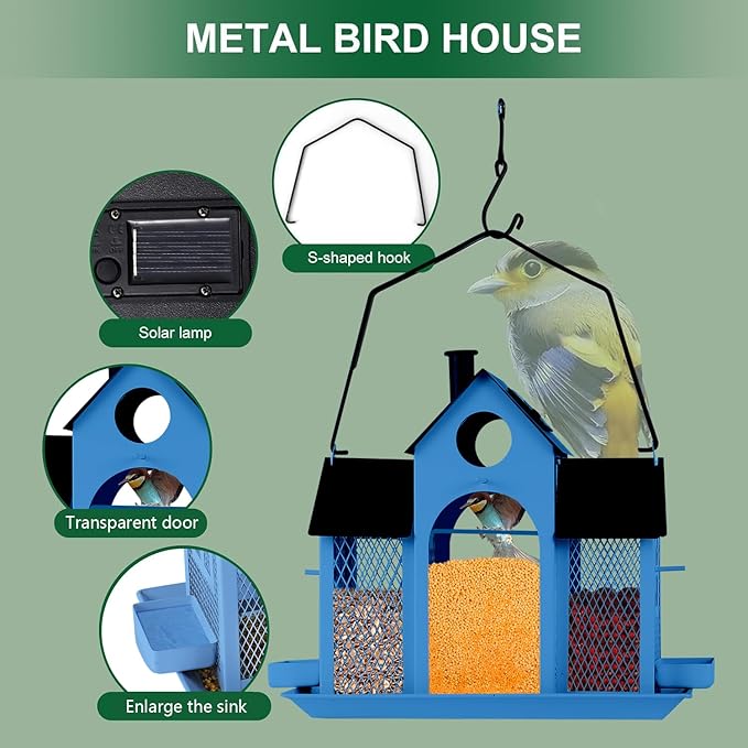 Solar Bird Feeder House for Outside Hanging, Large Capacity Birdhouse Bird Feeders Hanging for Outdoors, Metal Mesh Wild Birdfeeder for Finch Cardinal (Blue and Black)