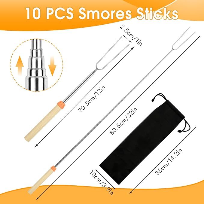 10 Pack Smores Sticks, 32 Inch Marshmallow Roasting Sticks for Fire Pit, Extendable Roasting Skewers with Bag, Hot Dog Fork, Smores Kit for Campfire Camping Essentials