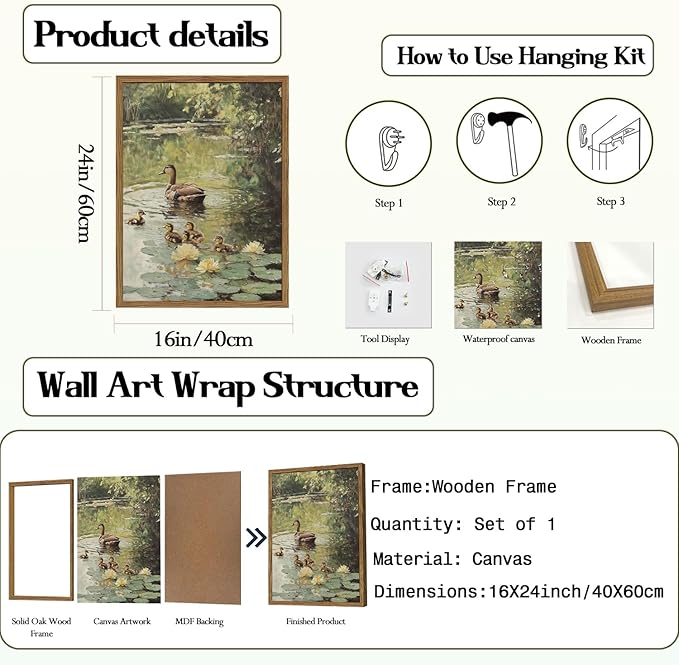 Framed Vintage Duck Canvas Wall Art, Rustic Farmhouse Animal Family Pictures Wall Decor, Country Nature Pond Paintings Prints Cottagecore Home Decor for Living Room Bedroom Bathroom 16x24 inch