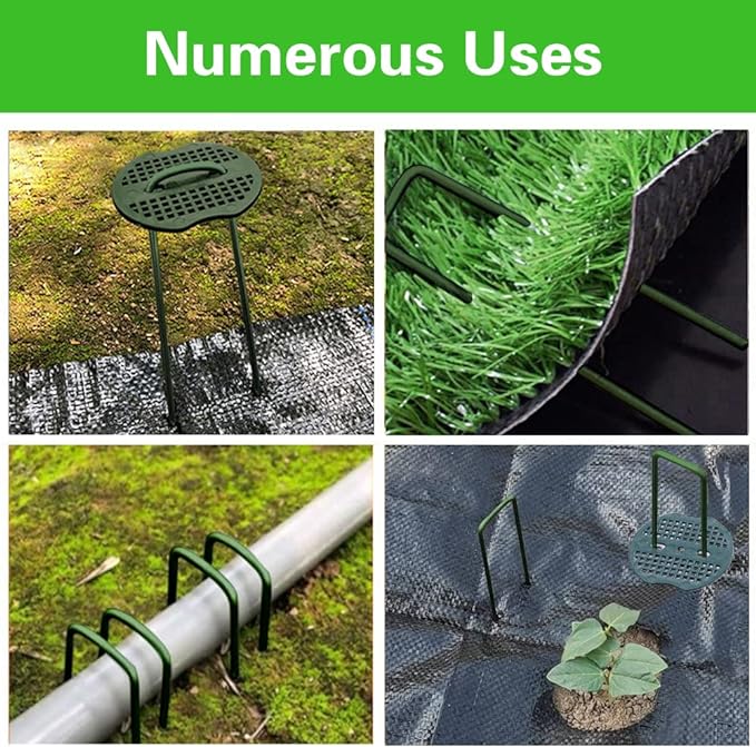 Bakulyor 200pcs Green Artificial Turf Stakes Staples + 200pcs Buffer Washer, 6 Inch 11 Gauge Landscape Staples, Galvanized Lawn Spikes, Heavy Duty Yard Ground Pin for Grass Weed Barrier Sod Fabric