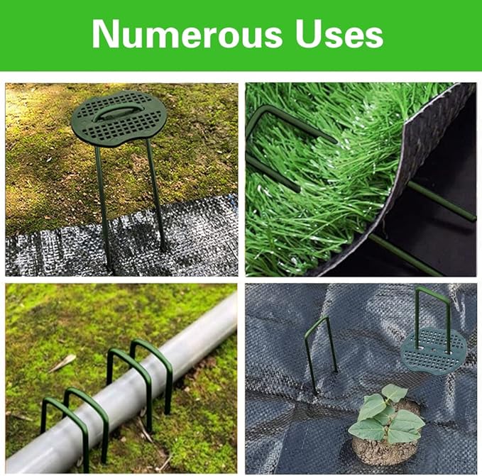 Bakulyor 100pcs Green Artificial Turf Stakes Staples + 100pcs Buffer Washer, 6 Inch 11 Gauge Landscape Staples, Galvanized Lawn Spikes, Heavy Duty Yard Ground Pin for Grass Weed Barrier Sod Fabric