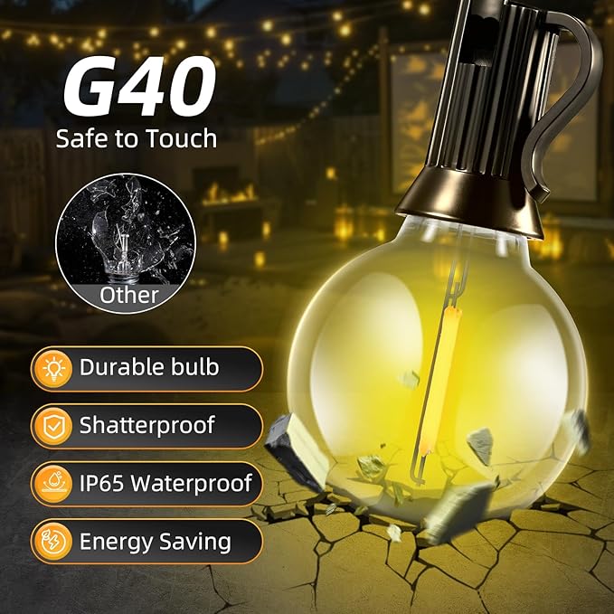 100FT Solar Lights Outdoor Waterproof: G40 30M Shatterproof Bulbs Patio Lights - Solar Powered Remote Control 3 Light Modes Dimmable Solar Light - Camping Backyard Garden Deck Outside Yard