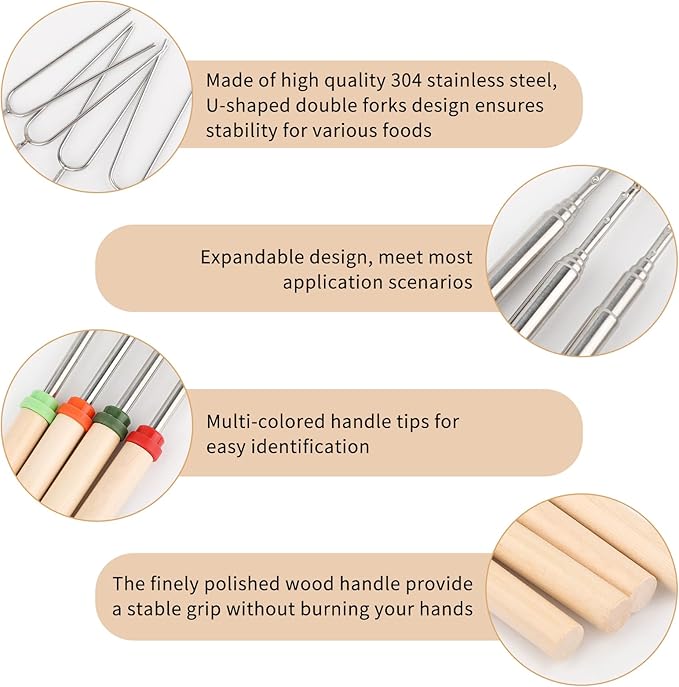 20 PCS Stainless Steel Marshmallow Roasting Long Sticks, 31 Inch Smores Sticks for Fire Pit, Portable Extendable Hot Dog Fork BBQ Tools, Smores Skewers for Camping, Bonfire Grill