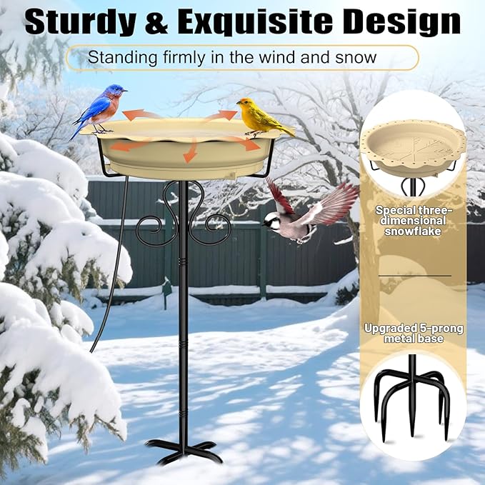 Heated Bird Baths for Outdoors, 100W Heated Birdbath Bowl for Outdoors for Winter with 5-Prong Metal Base Thermostat Control, Heated Bird Bath for Outside Winter Garden Patio Yard Lawn (Yellow)