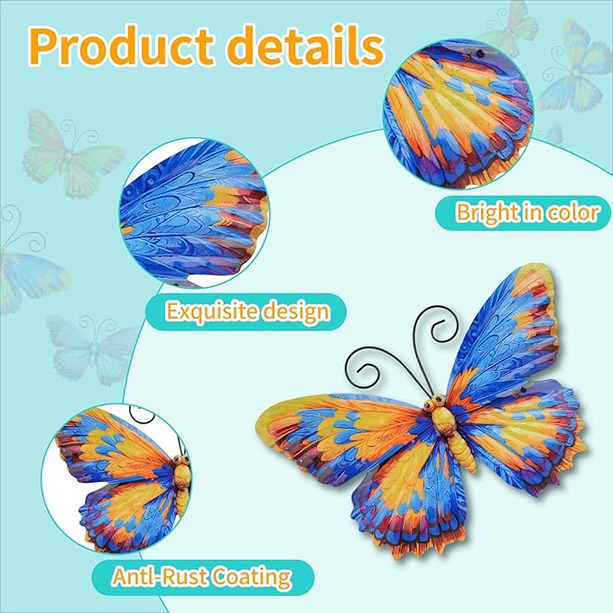 Junware 4 Pieces Metal Butterfly Wall Art Decor - 7.5" Outdoor Fence Wall Sculpture Decor, Hanging Decoration for Garden Yard Living Room Bedroom Patio Balcony, Nice Gift for Mom Friend