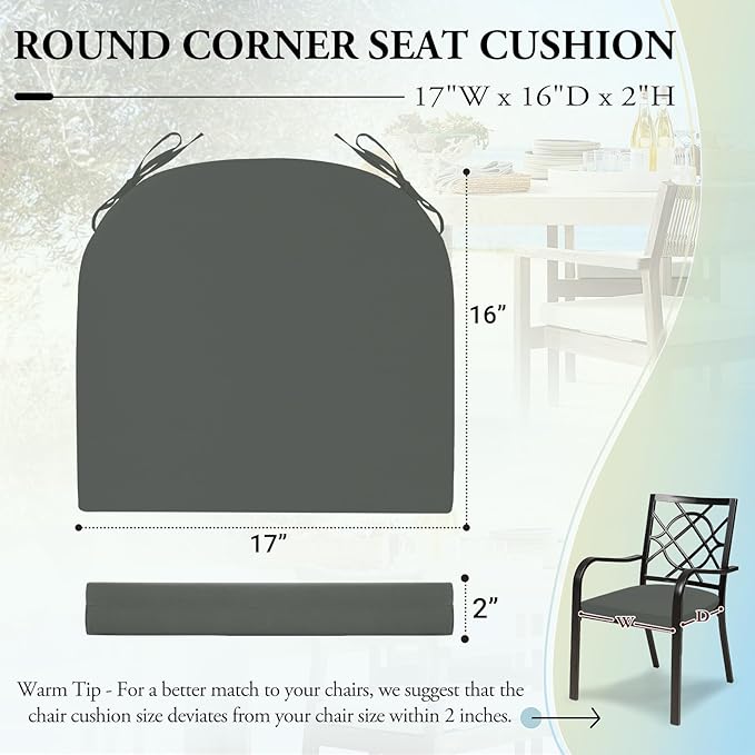 Wellsin Outdoor Chair Cushions for Patio Furniture - Patio Chair Cushions Set of 4 - Water Resistant Round Corner Outdoor Seat Cushions 17"X16"X2", Charcoal Grey