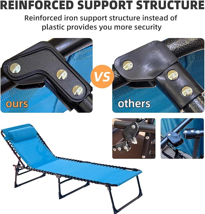 Patio Lounge Chair Folding Chaise Bed - Heavy-Duty 400lb Capacity Portable Adjustable Recliner w/Pillow for Pool, Camping, Sunbathing - Lay Flat Design (Blue)