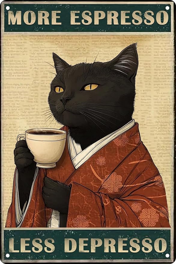 Retro Funny Black Cat Decor More Espresso Less Depressed Garden Fence Wall Decor Metal Tin Signs Garage Man Cave Gift Retro Bar Art Bathroom Decor 12x8 in