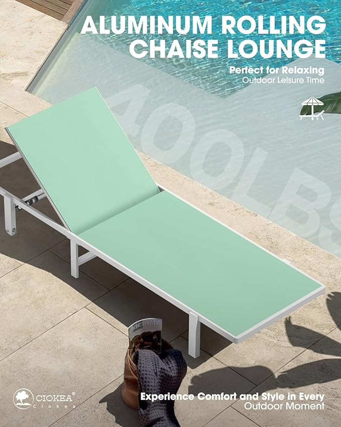 Ciokea Aluminum Chaise Lounge Chair Outdoor with Wheels, Patio Lounge Chair with Adjustable 5-Position Recliner and Full Flat Tanning Chair for Patio, Beach, Pool, Light Green