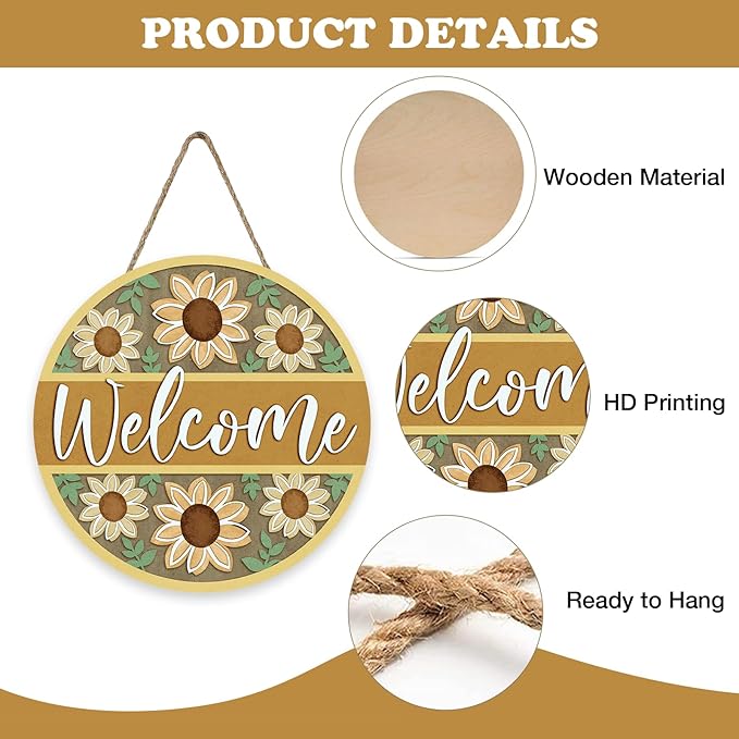 Welcome Sunflower Front Door Sign, Spring Summer Yellow Flower Wood Hanger Outdoor Outside Porch Home Decor, Fall Floral Wooden Wreath Indoor Wall Hanging Decoration