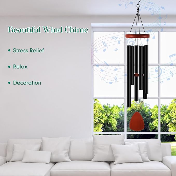 Leinuosen Wind Chimes for Outside Wind Chimes Outdoors Deep Tones 28" with 6 Aluminum Tubes Memorial Sympathy Windchime for Valentine Tree Decor Garden Courtyard Mom Loved One Gifts(Classic,Black)