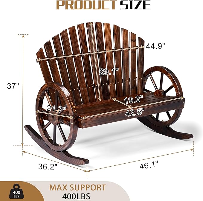 Outvita 2-Person Wood Rocking Chair, Fir Log Adirondack Rocker, Outdoor Wood Accent Furniture Lounge Chairs with Wheel Armrest for Garden Patio Backyard Porch (Carbonized Finish)