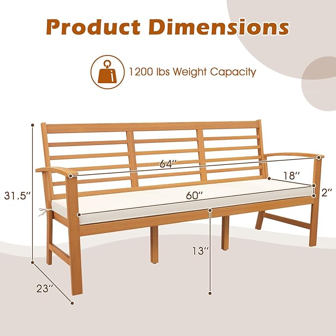 Tangkula 64 Inch Patio Acacia Wood Bench, 3-Seat Extra Long Chair with Cushion, Slatted Seat & Backrest, 3-Person Outdoor Wood Bench for Backyard, Porch, Balcony & Garden