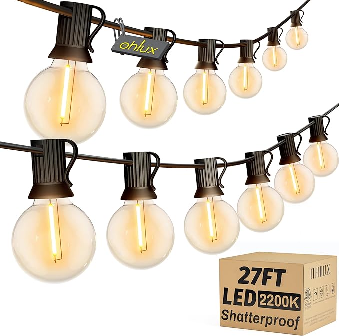OHLUX Outdoor String Lights, 30FT G40 Globe LED Patio Lights with 17 Dimmable Plastic Bulbs(2 Spare), 2200K Waterproof Connectable Hanging Lights for Backyard Porch Cafe Party Decor, E12 Socket Base