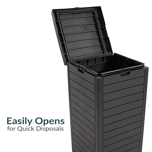 Sunnydaze 39-Gallon Patio Trash Can with Lid - Outdoor Garbage Can with Built-in Drip Tray - Weather-Resistant Resin - Black