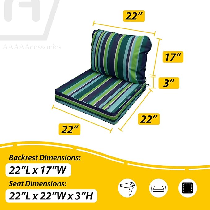 AAAAAcessories Outdoor Seat Cushions for Chairs, Fade-Resistant, Waterproof Patio Furniture Replacement Cushions, 22" x 22" x 3" + 22" x 17", Stormy Teal Coastal Stripe