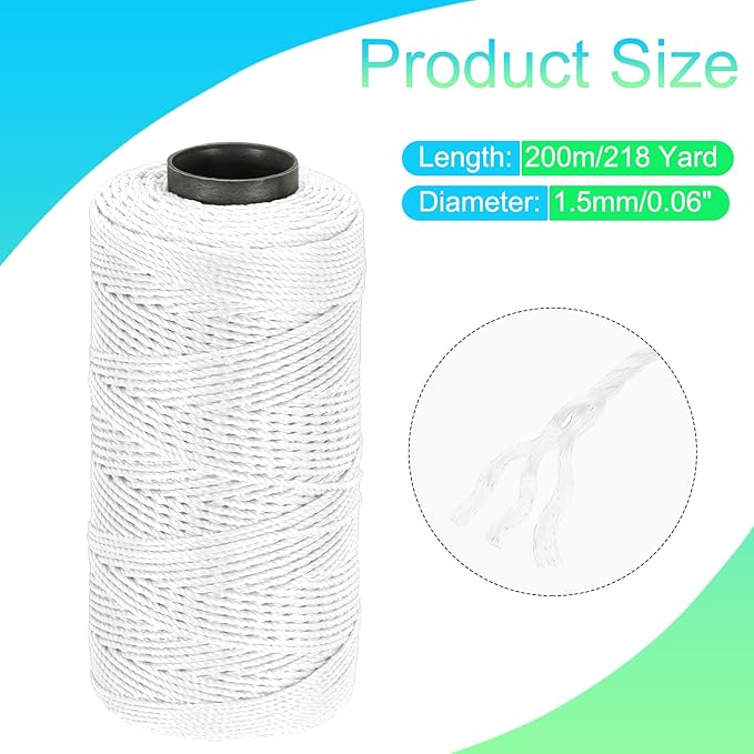 MECCANIXITY Nylon String 3 Strands Twisted Mason Line 1.5mm x 218 Yards Nylon Twine String for DIY Projects, Home Improvement, Gardening, Gift Wrapping, Christmas Party Supplies, White
