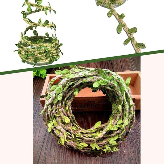 33 Feet Natural Burlap Ribbon,5MMjute Twine withArtificial Vine Fake Foliage Leaf Plant Garland Rustic Jungle Vines with Twine for Baby Shower Wreath Wedding Home Decor