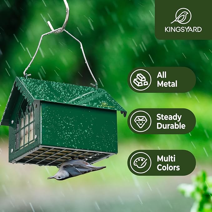 Kingsyard Double Upside Down Suet Feeder Squirrel Proof with Weatherproof Roof, All Metal Suet Feeders for Outdoors Hanging, Great for Downy Woodpecker Nuthatch Chickadee, Green